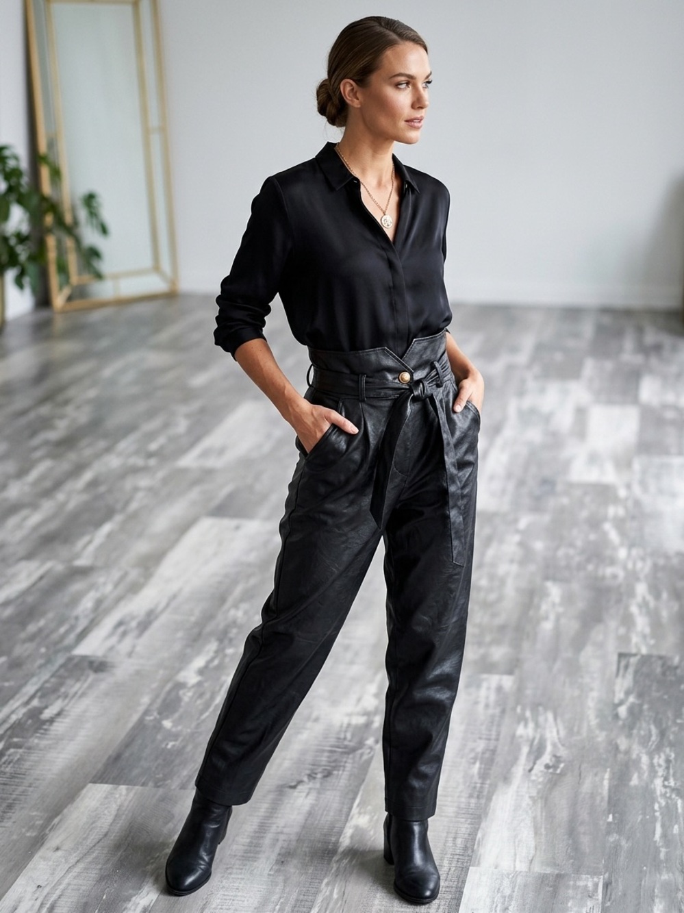 Bardot Debbie High-Waist Faux Leather Paperbag Pants Black XL US 10